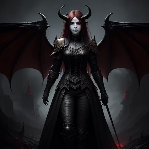 Gothic Dragon Woman with Red Eyes and Horns