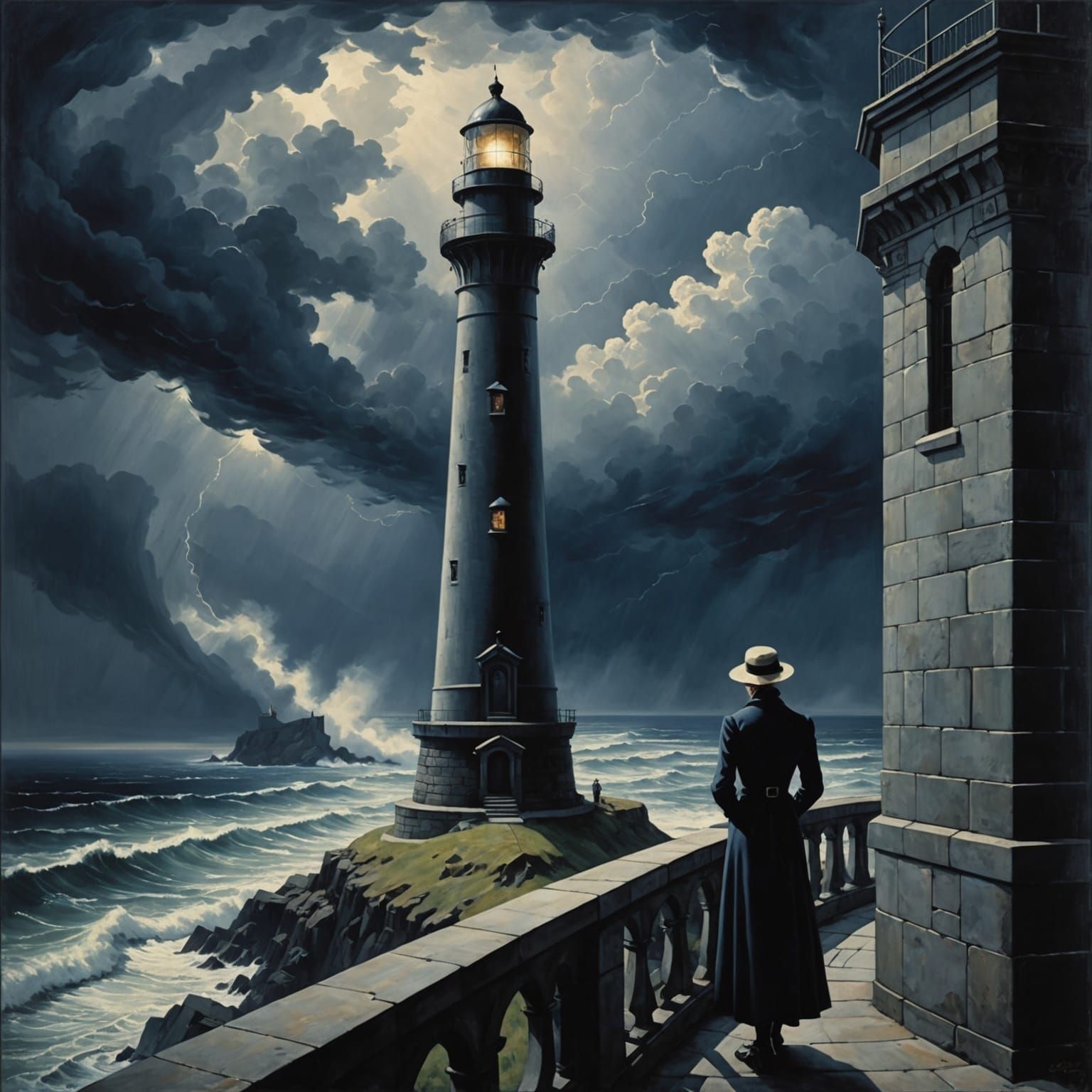 Art Deco Lighthouse Over Stormy Sea