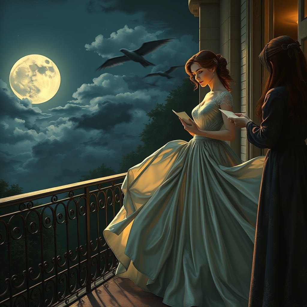 Moonlit Balcony Encounter in Surreal Painterly Style