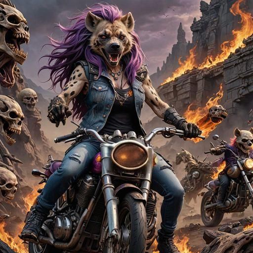 Furry Hyena Rides Motorcycle in Hell, Gothic Art