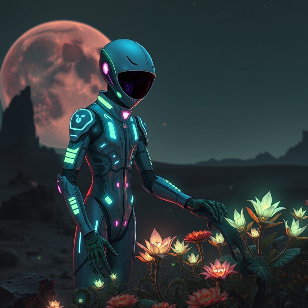 Alien Botanist Tending Bioluminescent Flora: A Surreal Digit...