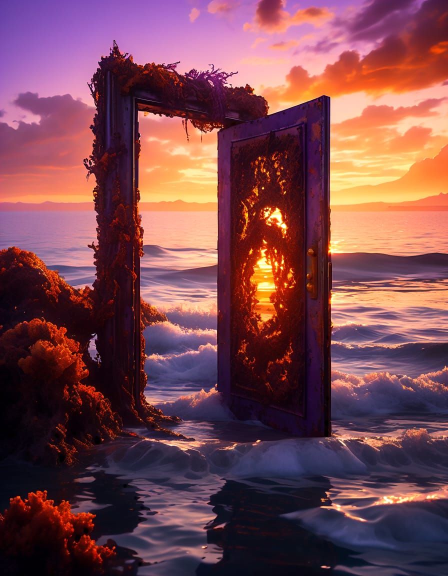 Ocean Door at Sunset in Painterly Style