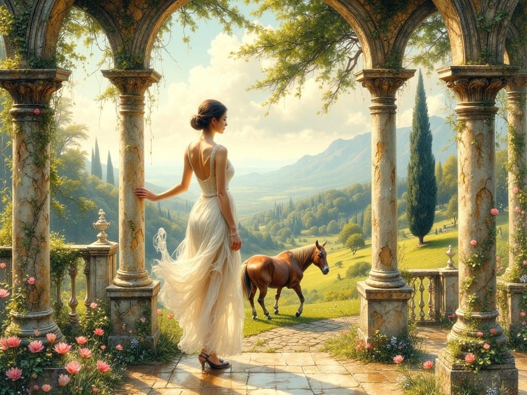 Elegant Woman at Italian Villa in Art Nouveau Style