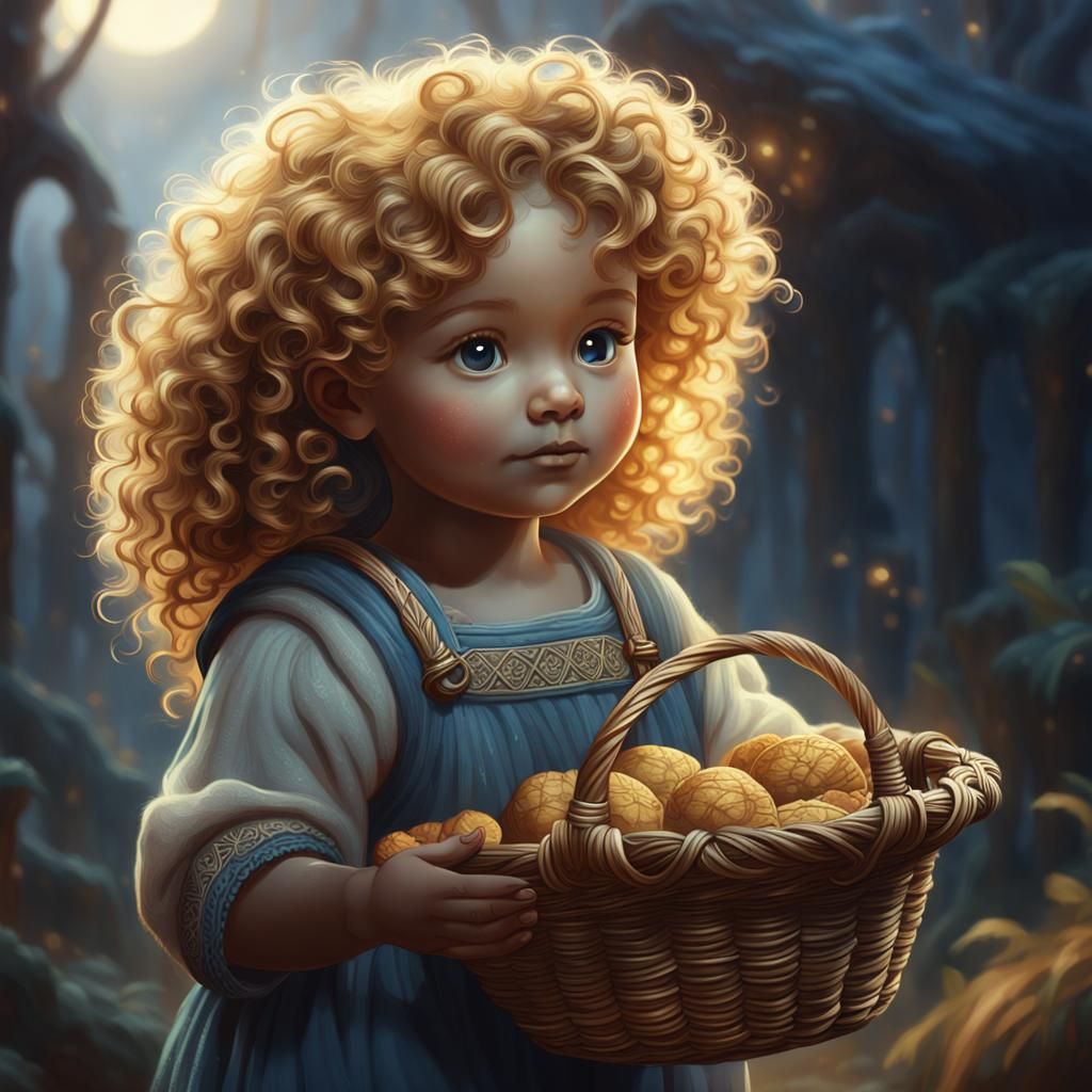 Golden Haired Baby Girl with Basket of Puppies