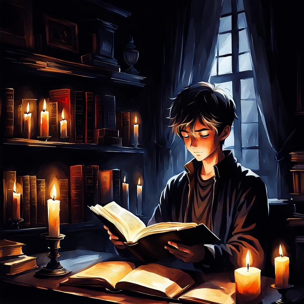 Boy Reading by Candlelight in Anime Watercolor Style