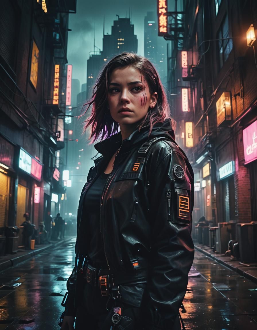 Cyberpunk Assassin in Neon Cityscape