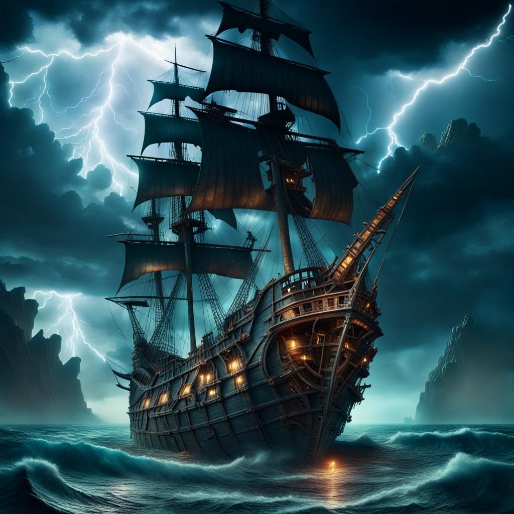 Sunken Pirate Ship Amidst Lightning Storm