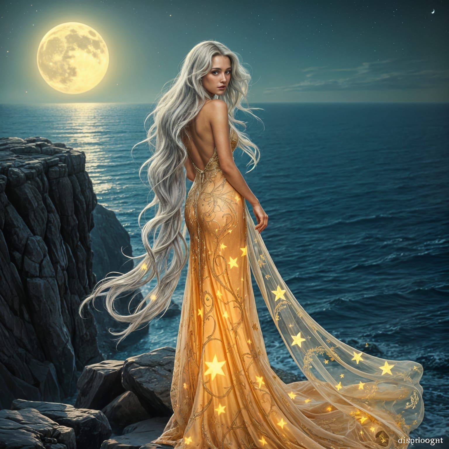 Ethereal Woman in Starlight Gown, Art Nouveau Style