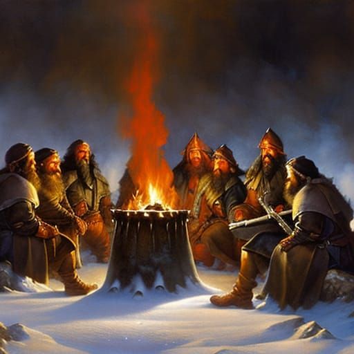 Dwarves Around Campfire in Classic Fantasy Art