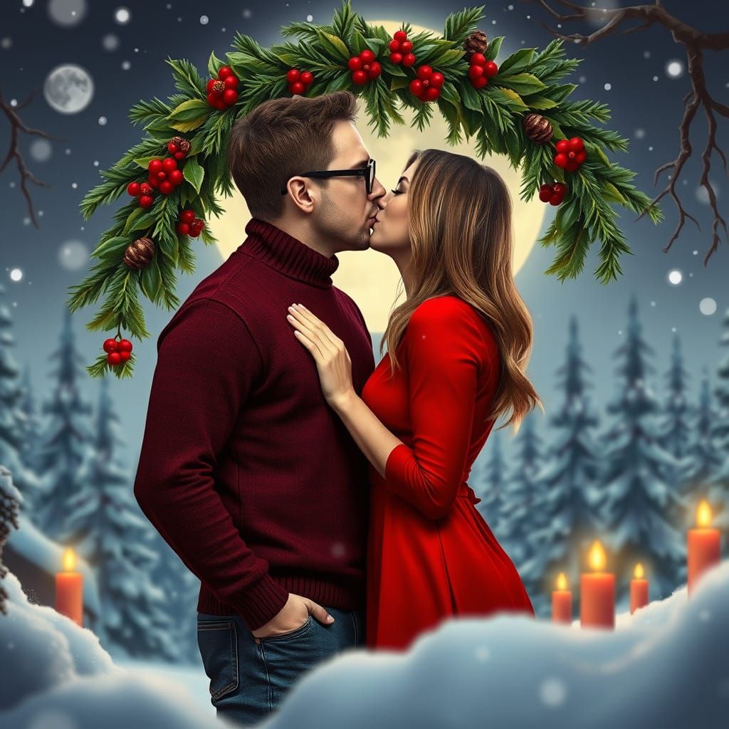 Couple's Mistletoe Kiss in a Whimsical Winter Wonderland