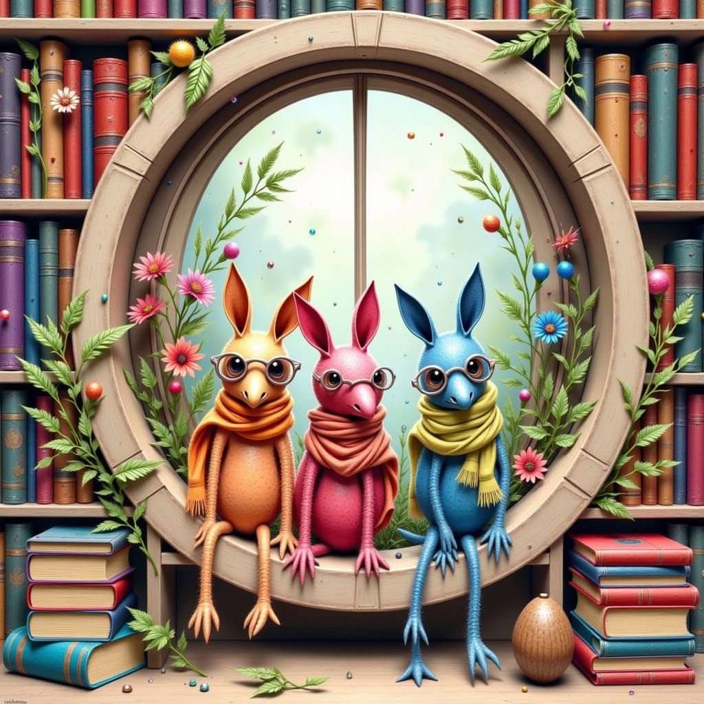 Crayons Reading in Cozy Library Nook, Watercolor Style