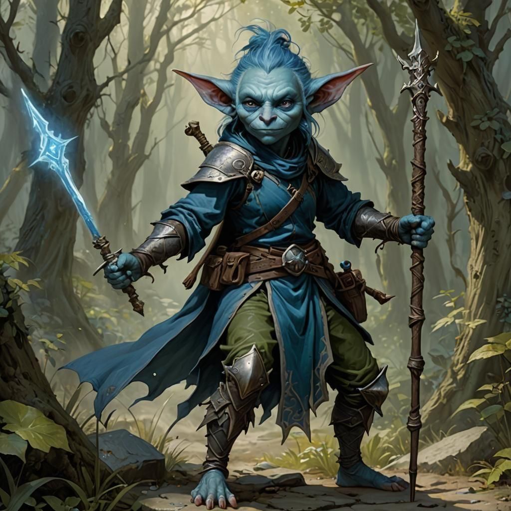 Blue-Skinned Goblin with Quarterstaff: Fantasy Concept Art