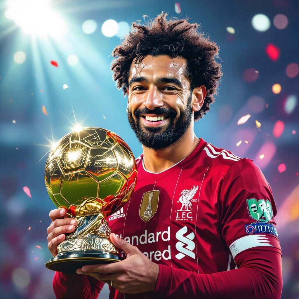 Mohamed Salah Victorious with Ballon d'Or Trophy