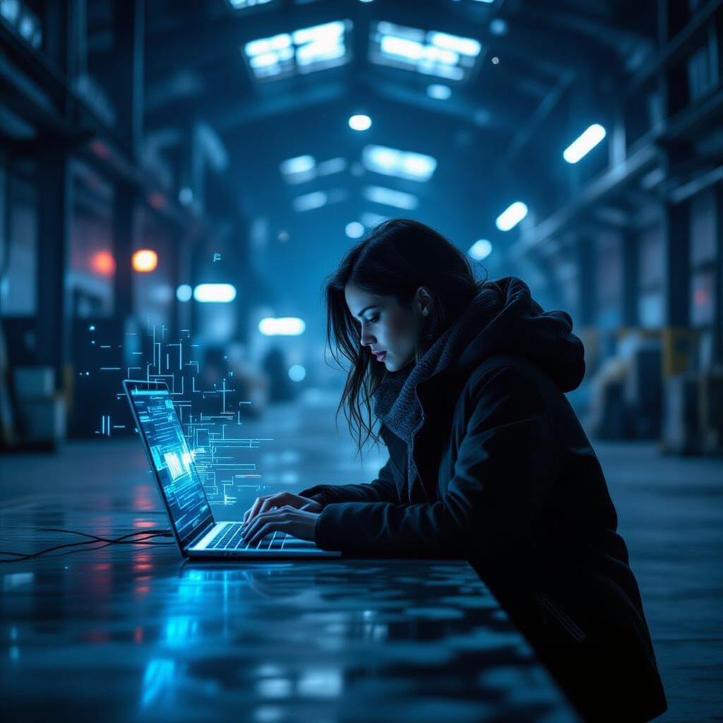 Woman Glitches in Moody Cyberpunk Warehouse