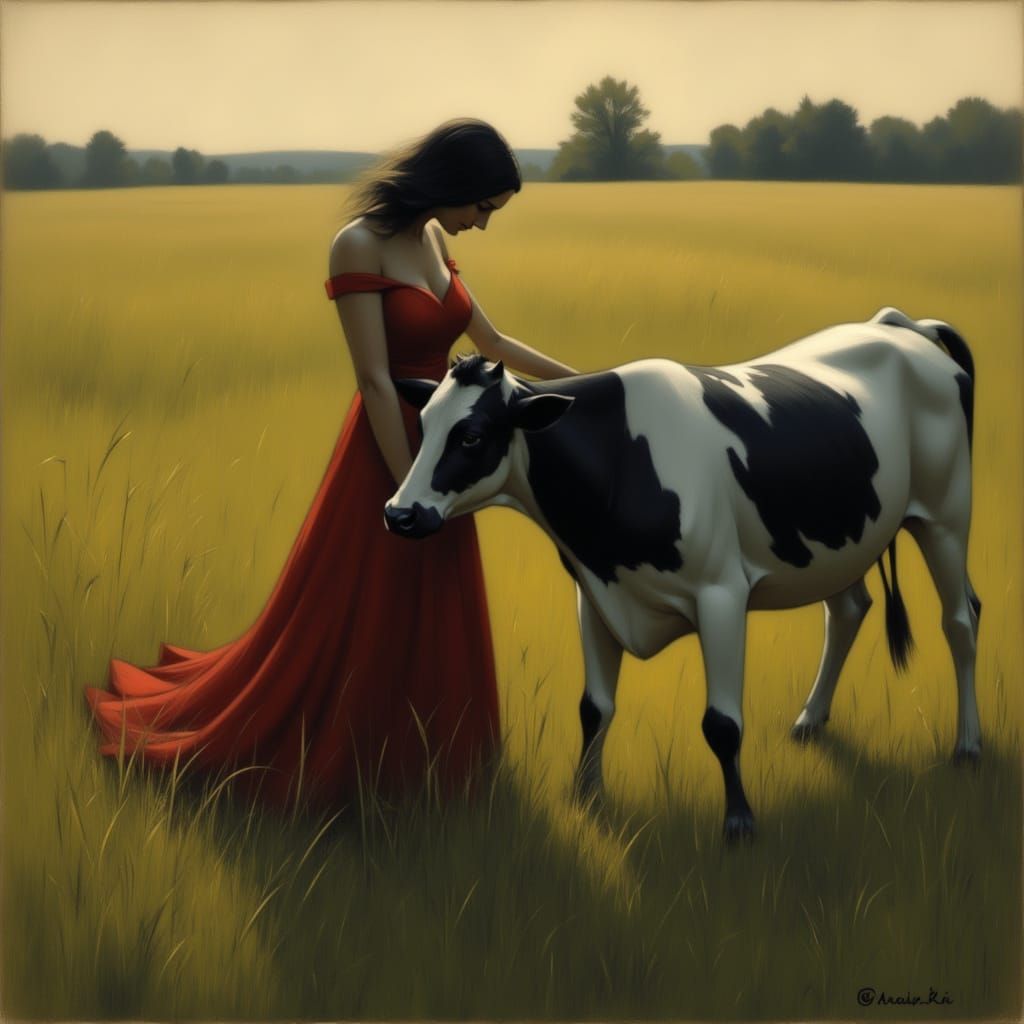Elegant Woman Embraces Cow in Grassy Field