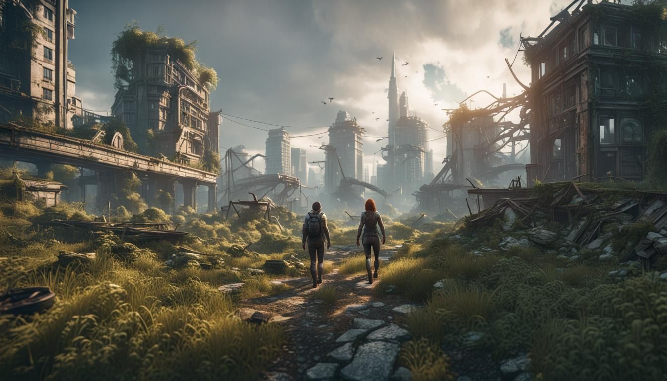 Apocalyptic Cityscape with Overgrown Ruins in 3D