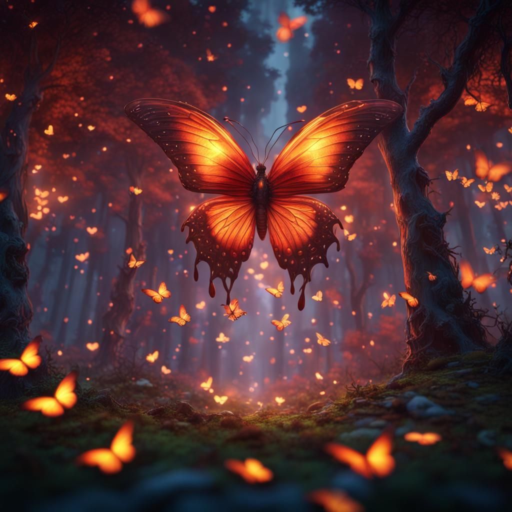 Phoenix Butterflies in Firefly Forest: Fantasy Concept Art