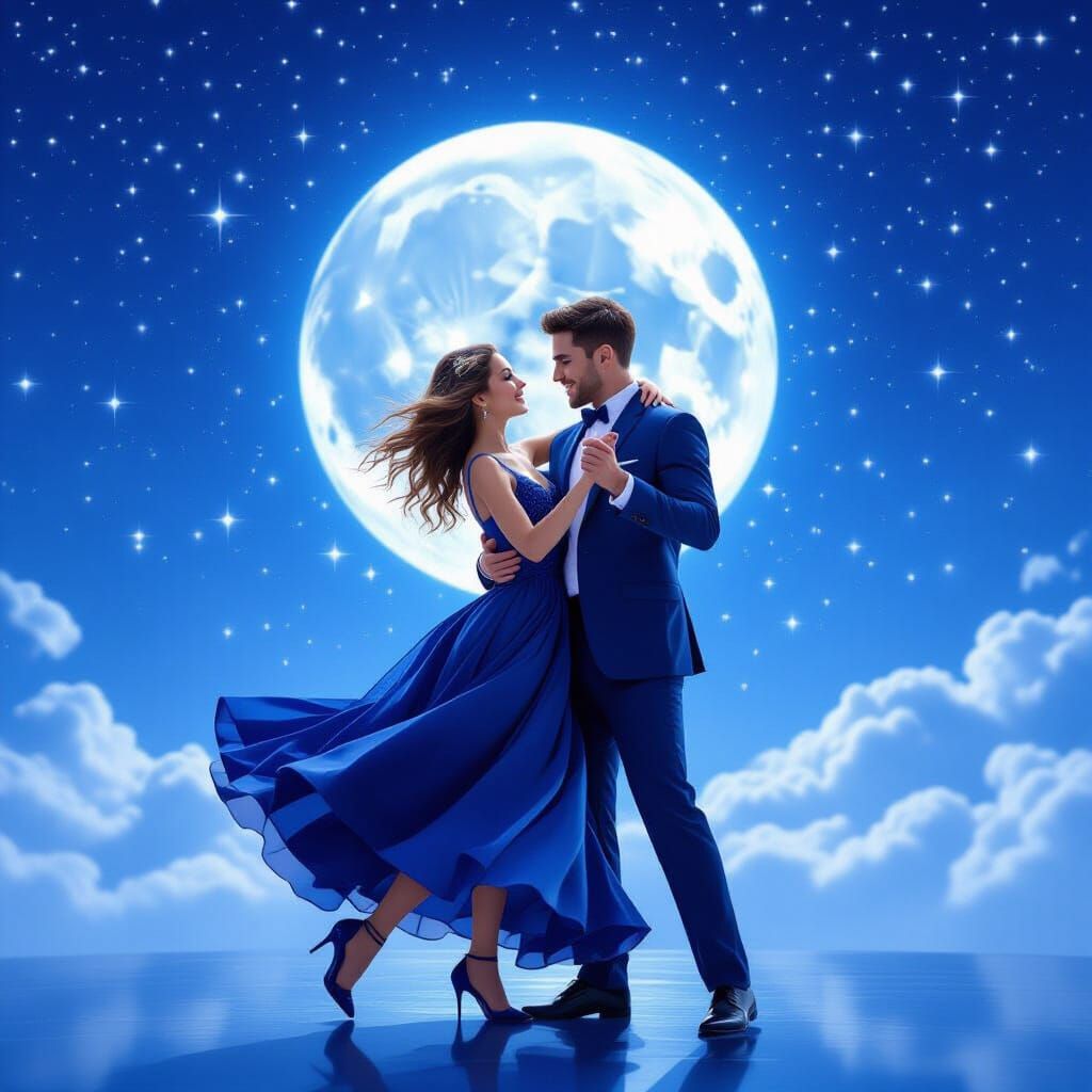 Couple Dancing Under Blue Moon in Digital Painting