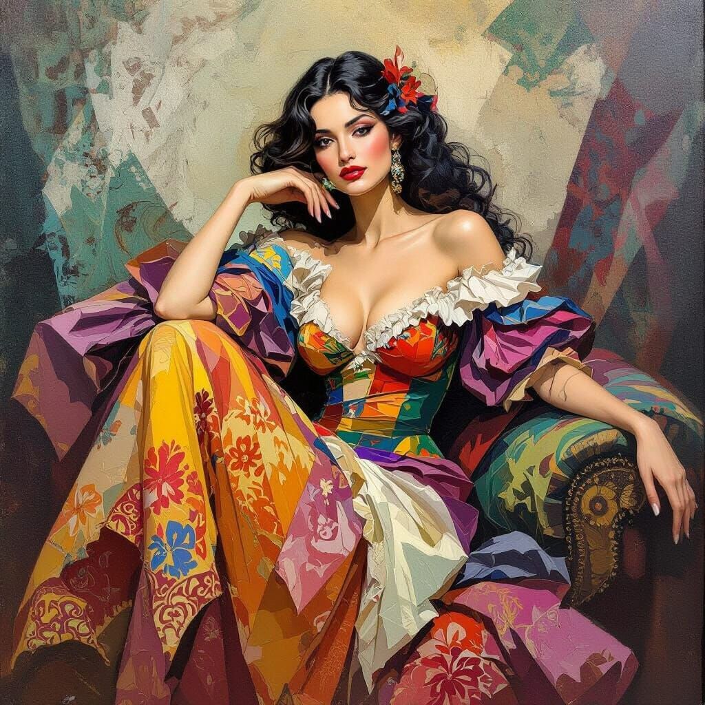 Elegant Woman in Rich Fabrics: Expressive Oil Painting