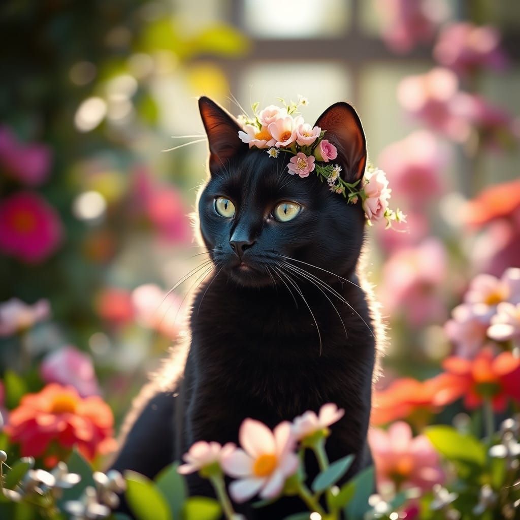 Gentle Black Cat Surrounded by Vibrant Blooms in a Sun-Drenc...