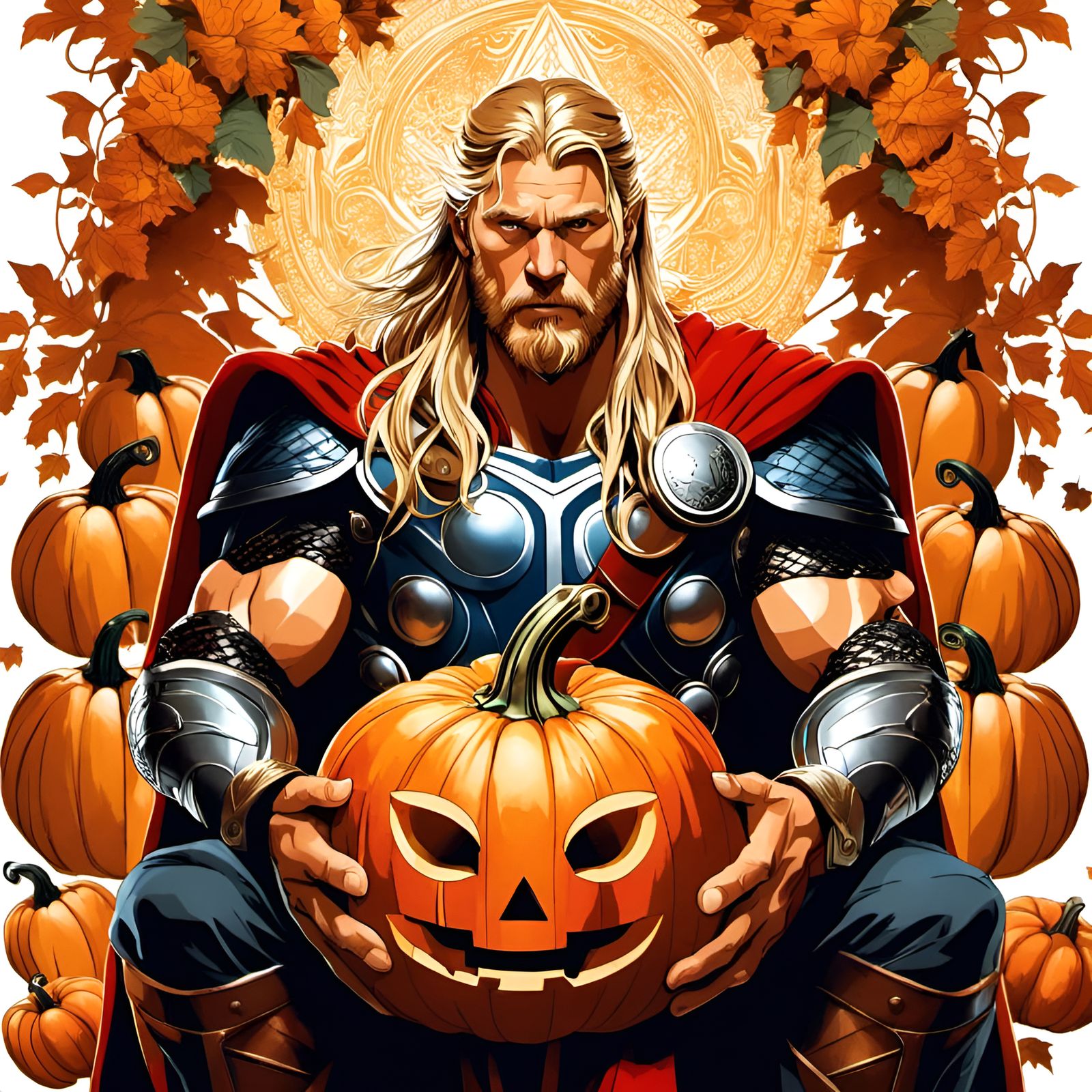 Thor Surrounded by Pumpkins in Digital Art Style