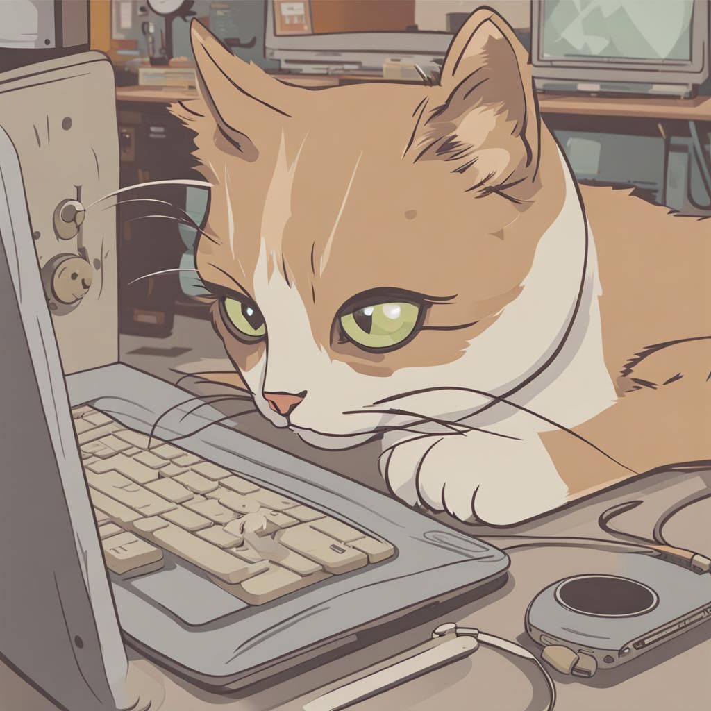 Cat at Computer Observes Clock