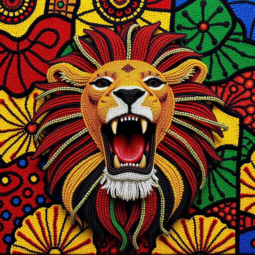 Beaded Lion Roaring in African Mosaic Style