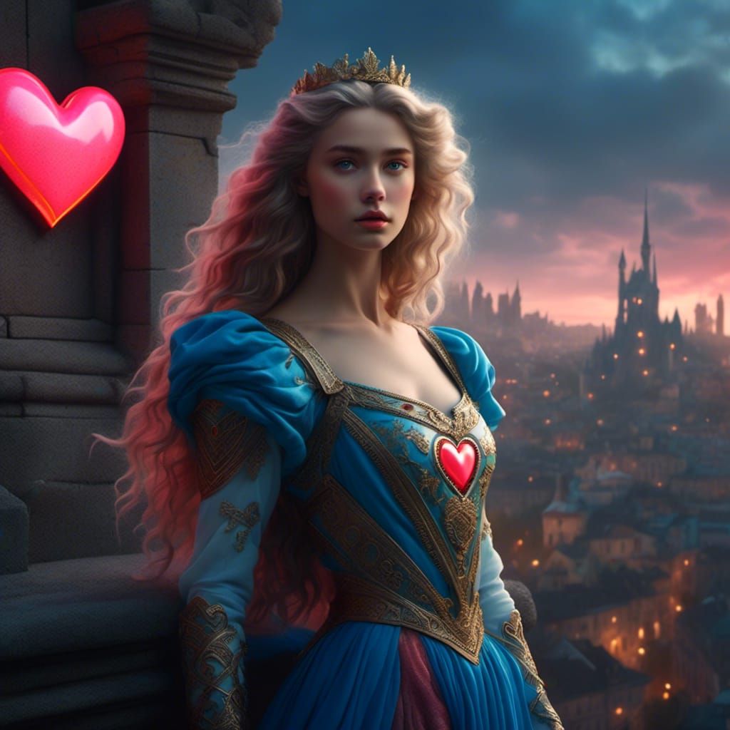 Romantic Princess with Neon Heart Cityscape