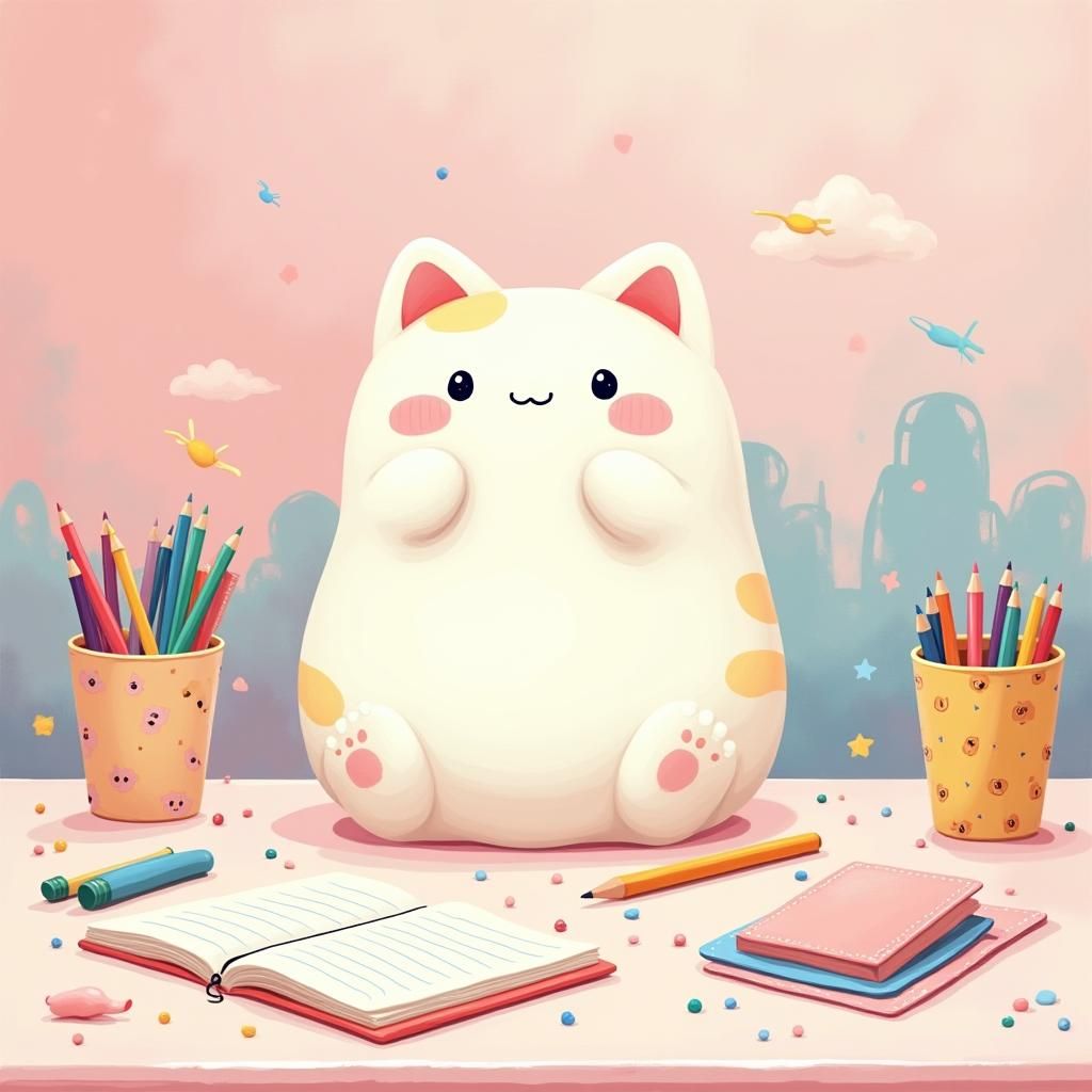 Kawaii Bean Cat on Pastel Desk: Digital Art