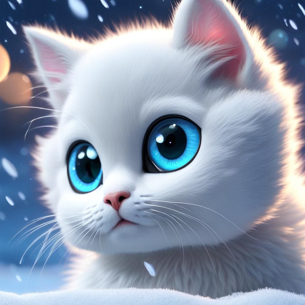 Adorable White Kitten with Blue Eyes in Snow