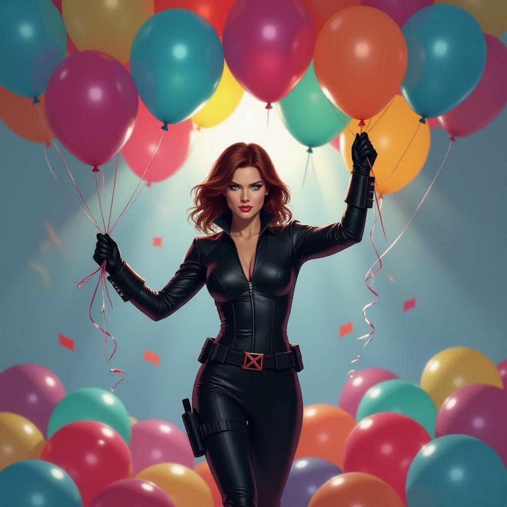 Black Widow Pops Birthday Balloons in Comic Book Style