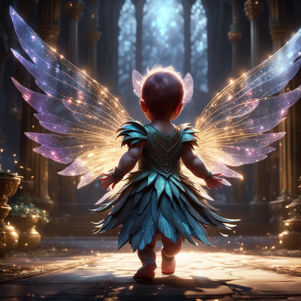Winged Baby's First Steps in Dark Fantasy Style