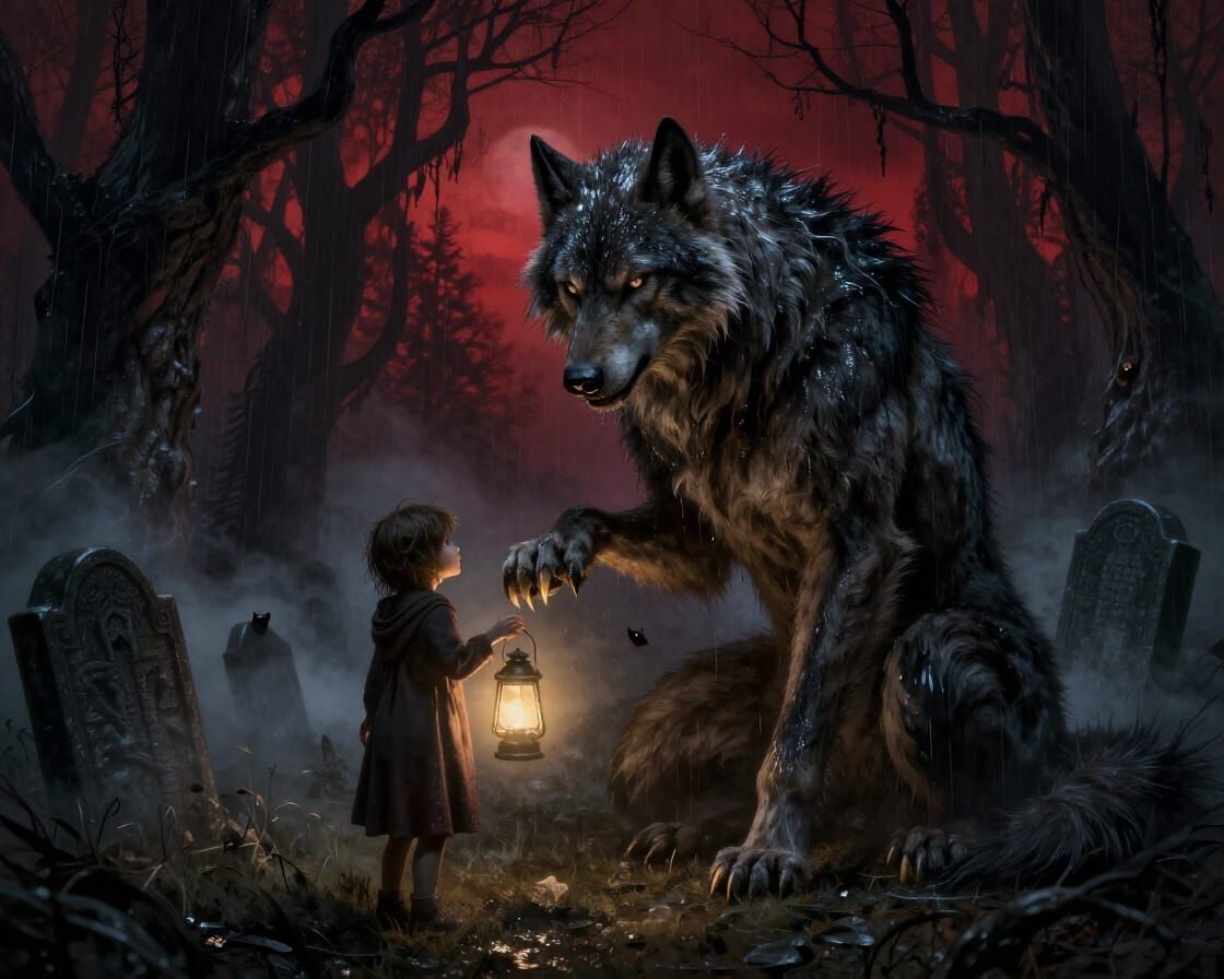 Werewolf Protects Child in Haunted Forest Under Blood Moon