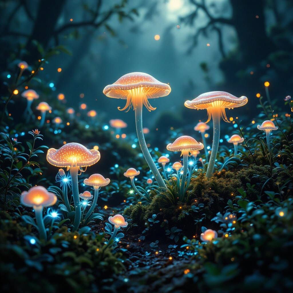 Bioluminescent Flora and Fauna in a Magical World