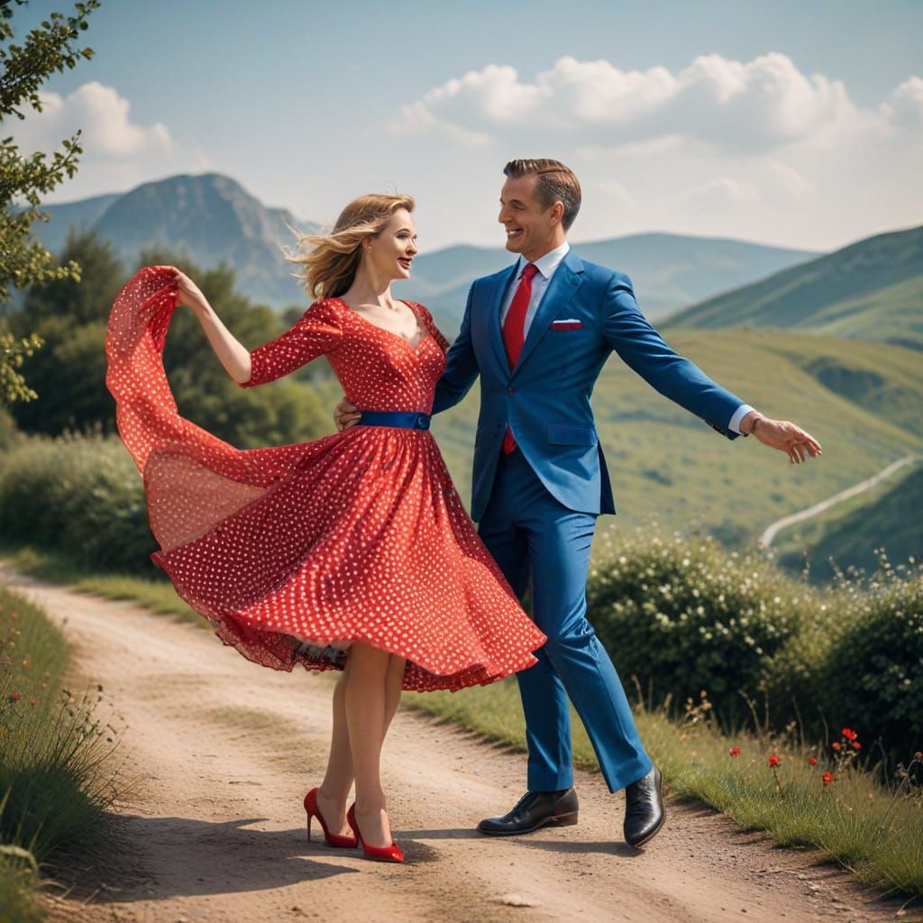 Man and Woman Dancing in Polka Dot Landscape