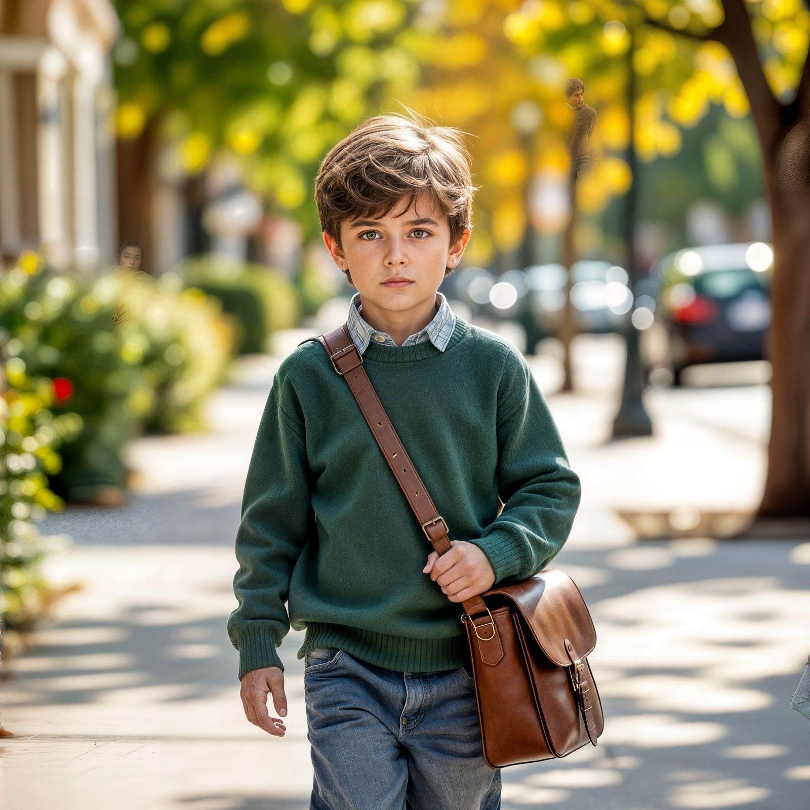 Young Boy Walks in Sunlit Neighborhood Carrying Satchel