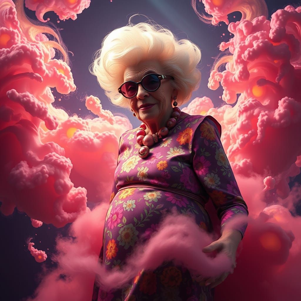 Surreal Figure in Vibrant, Floral Dress amidst Swirling Jam ...