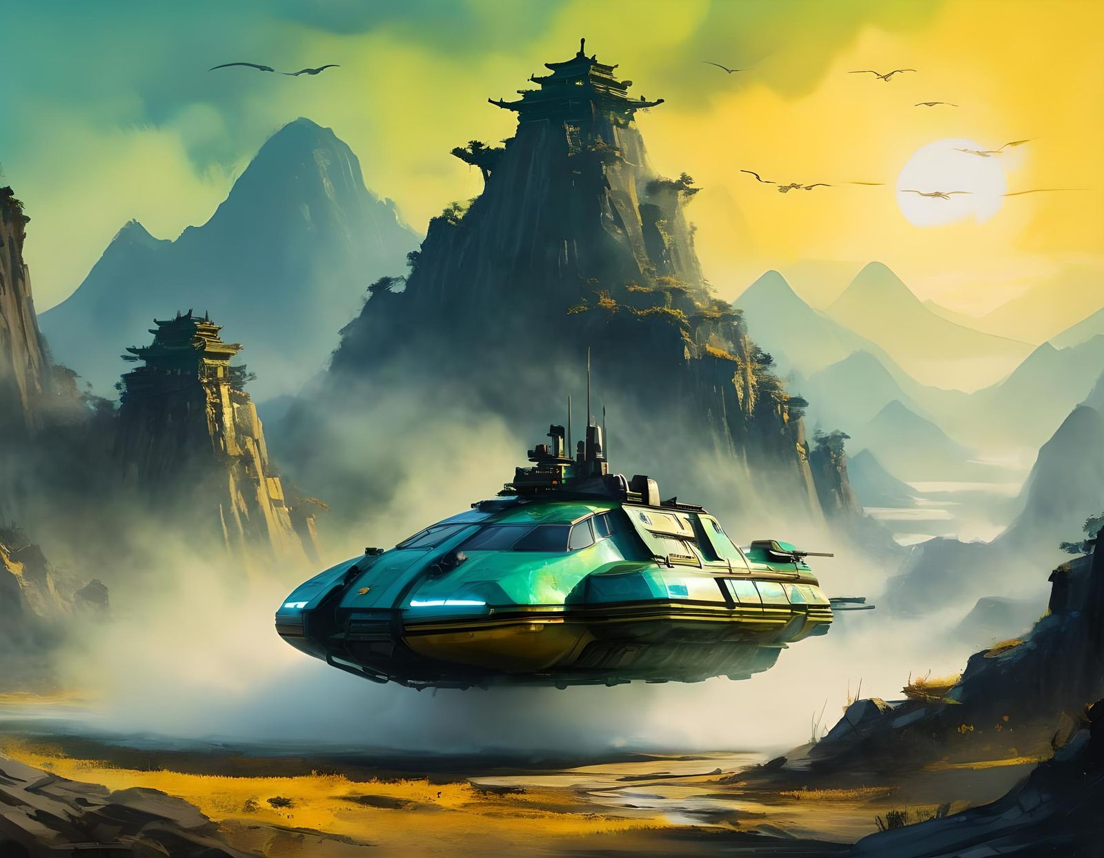 Cyberpunk Hovercraft Ascends Yellow Mountain: Watercolor Pai...