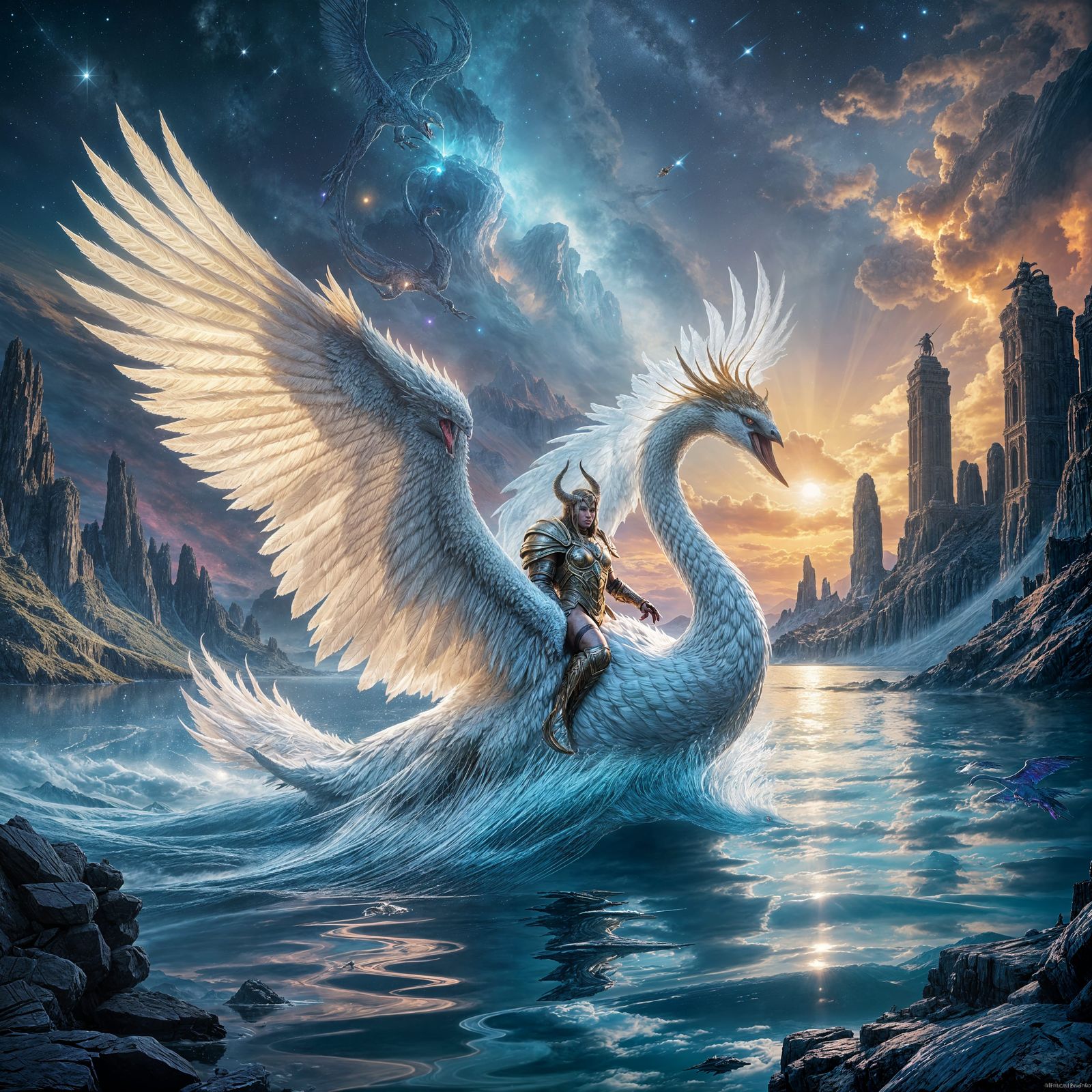 Swan Dragon Carries Minotaur Through Nebula Lake