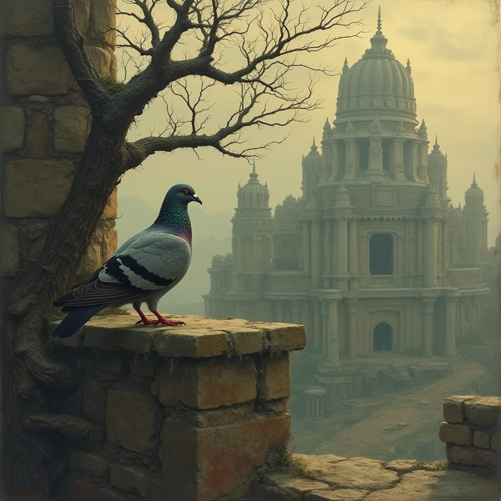 Worried Pigeon Contemplates Ancient Ruins in Haunting Landsc...