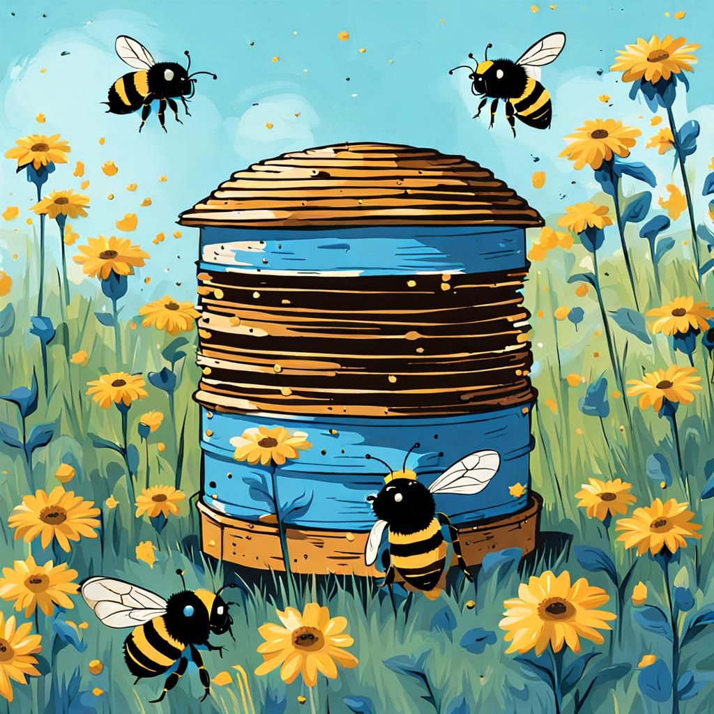 Blue Bumble Bees Fly to Abandoned Beehive