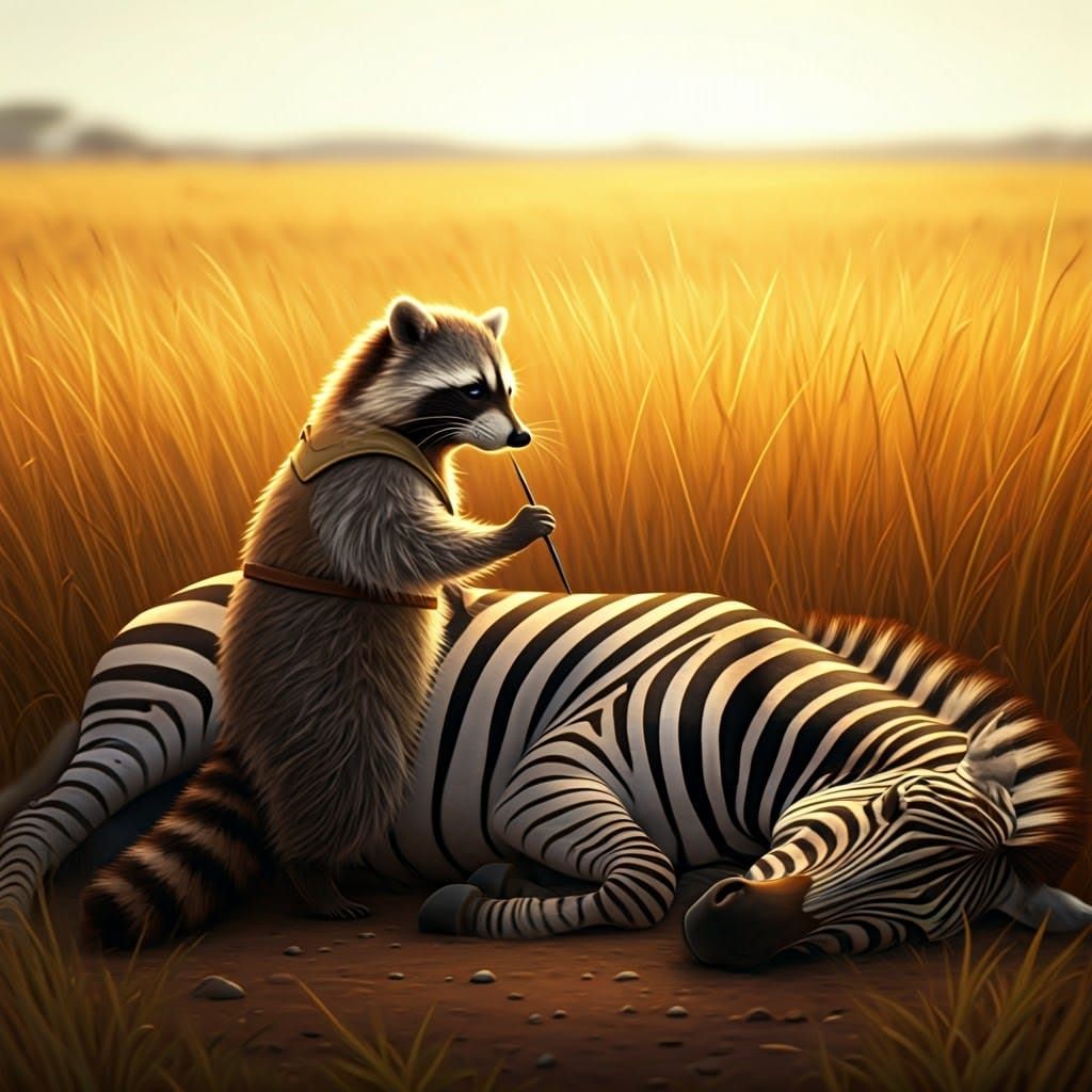 Whimsical Wildlife Art: Raccoon Paints Zebra in African Sava...