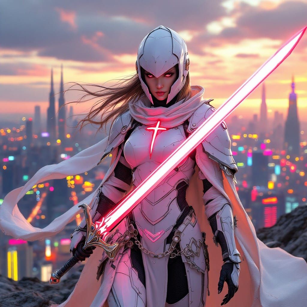 Ethereal Templar Knight in Futuristic Cityscape