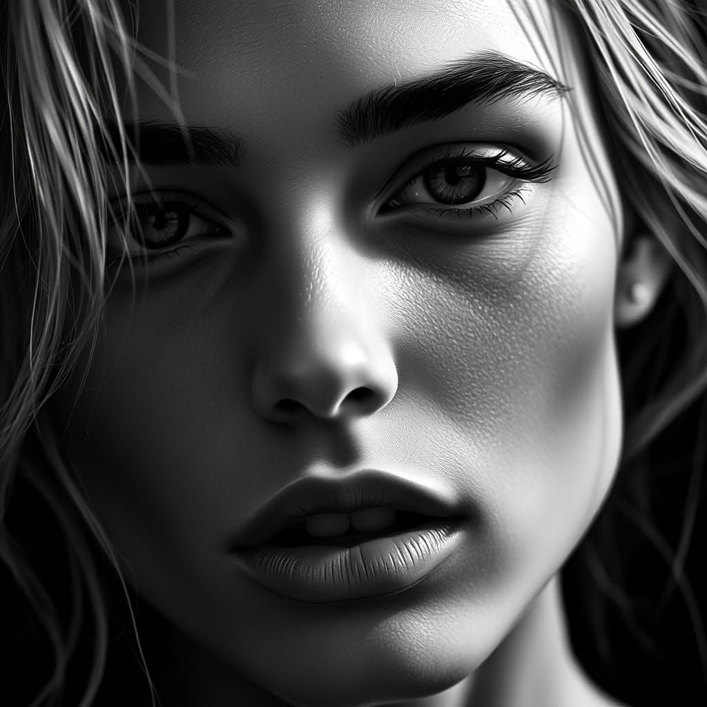 B&W Supermodel Face Close-up in Ultra-High Definition
