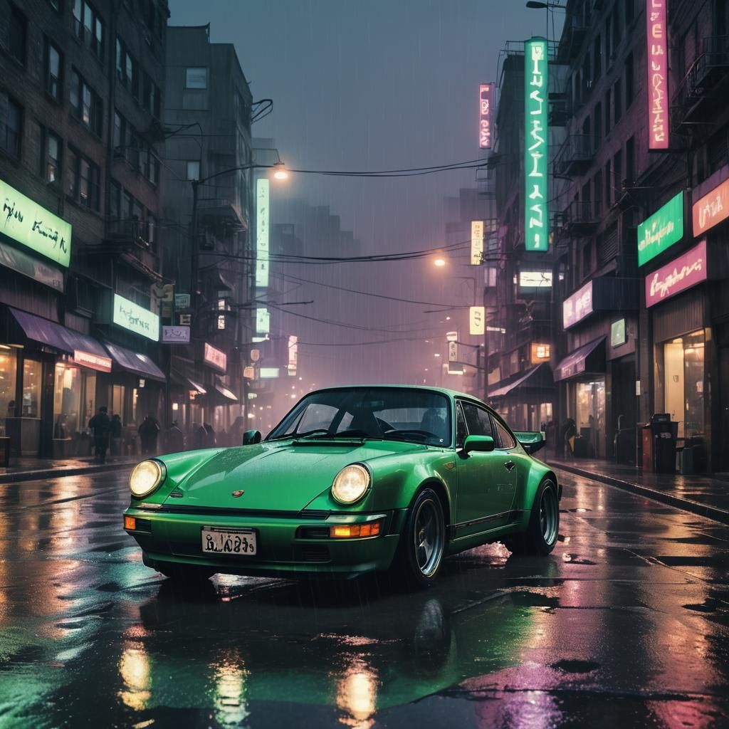 Lizard Green Porsche 911 in Cyberpunk Cityscape