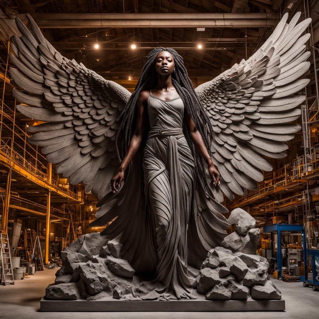 Monumental Stone Sculpture of a Black Woman with Angel Wings