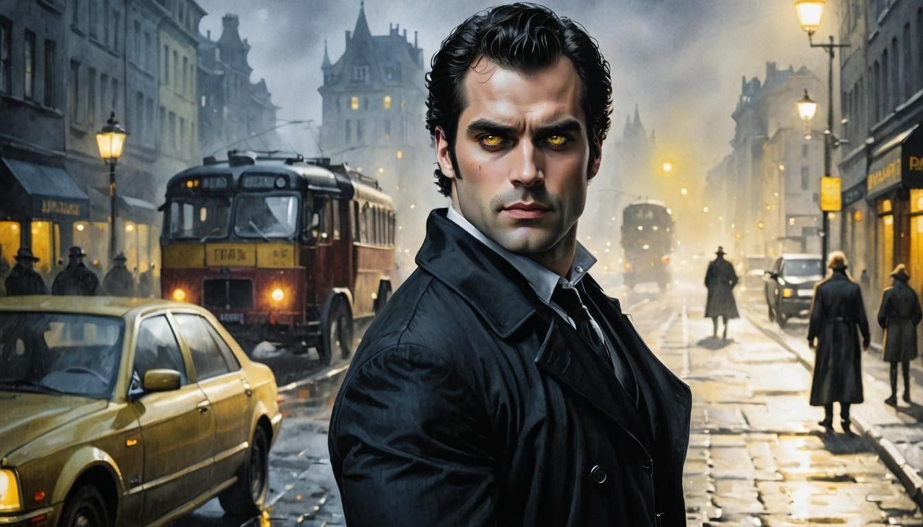 Vampire Detective in Dark Gothic City Painting