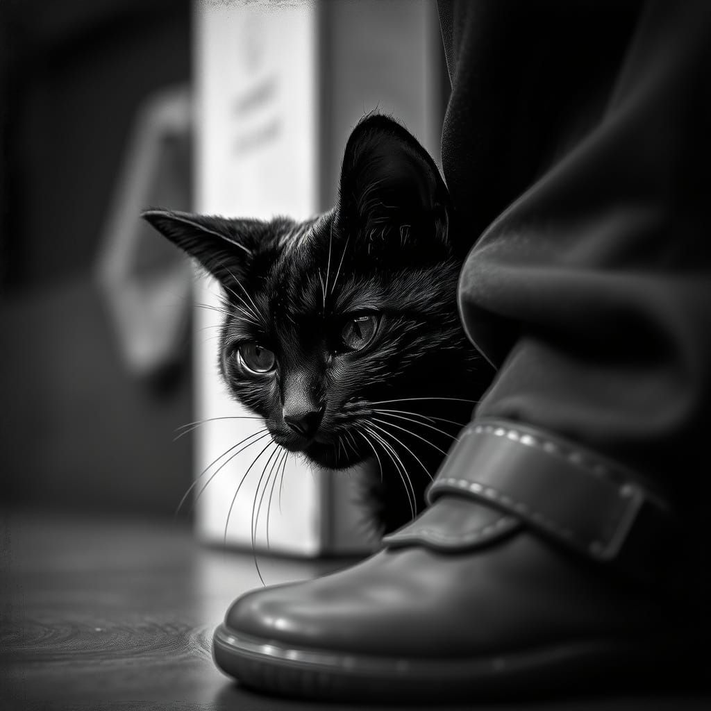 Pencil Sculpture Cat Waits Beside Owner's Leg