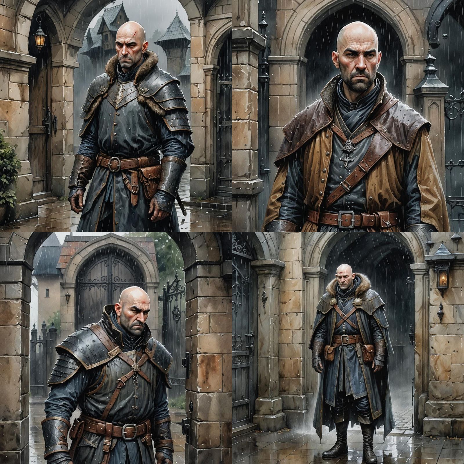 Melancholy Guard in Rain, Watercolor Fantasy Art