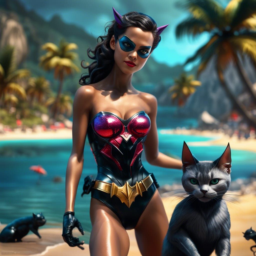 Batman and Catwoman in Love on Tropical Beach